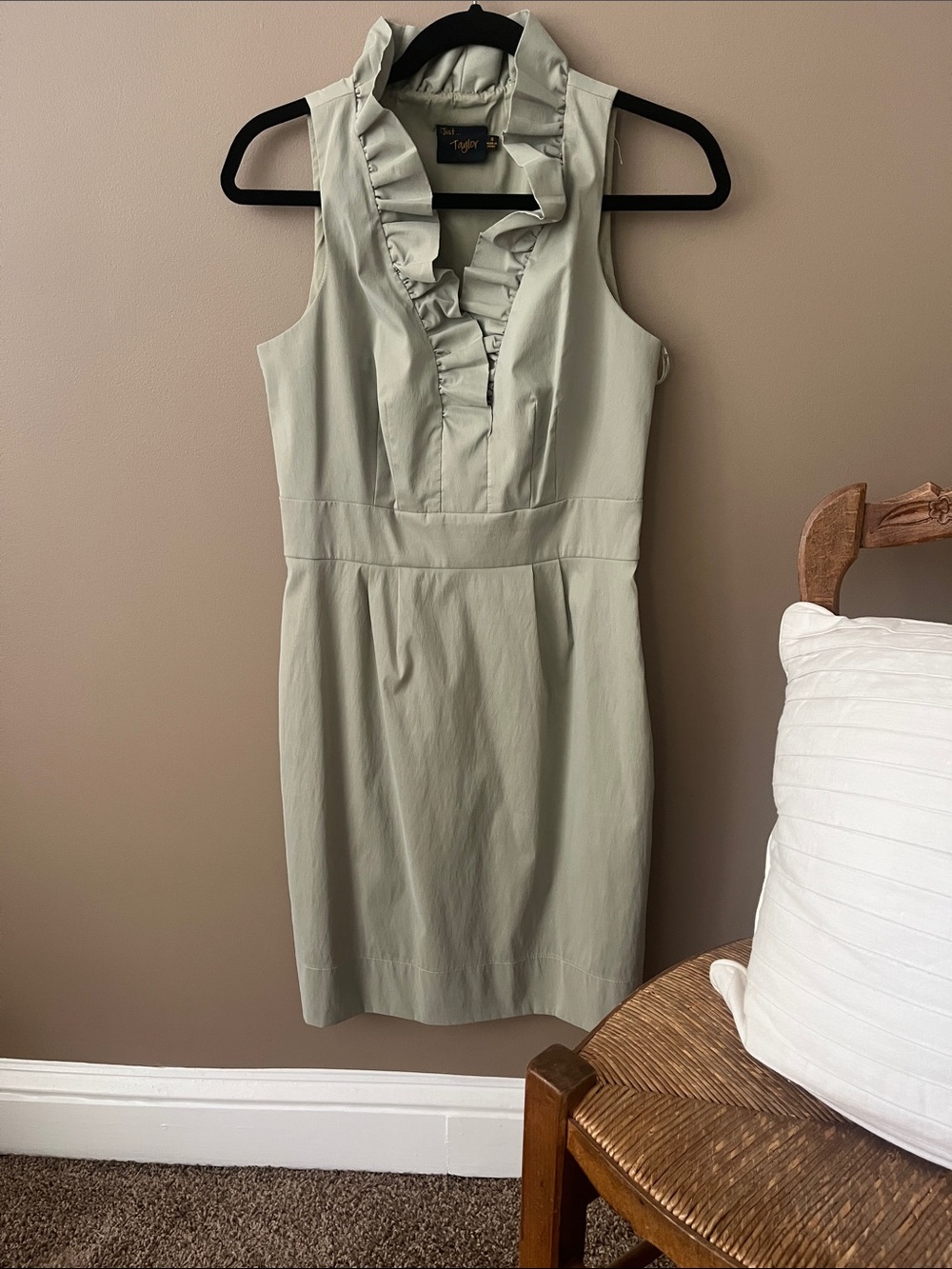 Just...Taylor Sage Green Ruffled V-Neck Sleeveless Dress